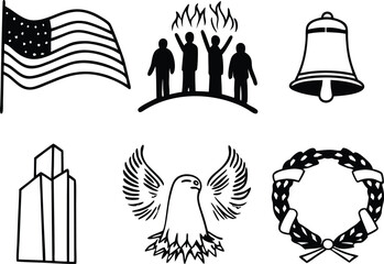 Patriot day set american flag memorial building eagle wreath bell people vector