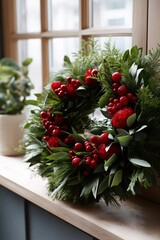 Festive green and red holiday wreath on window sill with natural decor