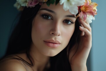 Naklejka premium Young caucasian female with floral crown and natural makeup close-up portrait