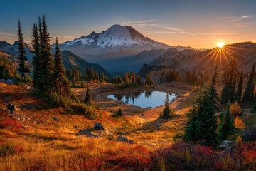 Mount Rainier Autumn Sunrise: Aerial View of Fall Foliage at Tipsoo Lake