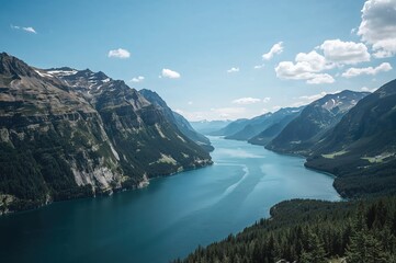 A breathtaking landscape featuring majestic fjords and a serene lake under a clear azure sky
