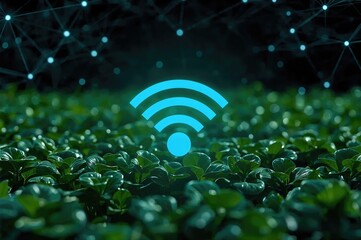 A blue WiFi symbol sprouting from a green plant, representing agricultural sensor technology with minimal polygon design, set against a geometric abstract background with light wireframe connections.