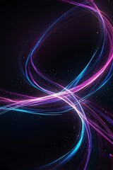 A vibrant, abstract digital background filled with glowing neon light trails and flowing energy waves. Bright streaks of purple, pink, and blue twist and swirl across a deep midnight gradient, leaving