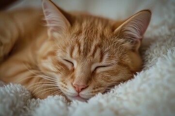 Cozy orange kitten napping peacefully, charming pet close-up, fluffy feline companion, adorable domestic animal