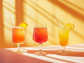 Sunlit glasses of colorful beverages with fruit slices and straws against a light color wall.