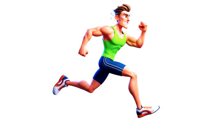 Fototapeta premium 3d cartoon athlete dynamic running pose, powerful sprint, peak fitness, isolated on transparent background