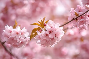 Obraz premium Stunning spring scene featuring vibrant pink flowers in bloom. The season of pink blossoms. Wide banner showcasing pink flowers on branches. Close-up of delicate pink flowering branches.