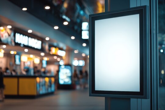 Movie Poster Mockup. Blank Signboard Backlight with Blurred Ticket Sales Counter in Movie Theater