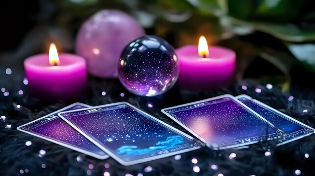 Mystical tarot cards with cosmic galaxy design alongside glowing pink candles and crystal ball on dark surface with magical sparkles and green leaves.
