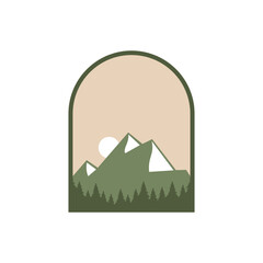 logo emblem flat illustration of rural landscape with mountains, forest and sun vector design