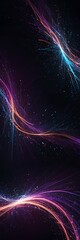A vibrant, abstract digital background filled with glowing neon light trails and flowing energy waves. Bright streaks of purple, pink, and blue twist and swirl across a deep midnight gradient, leaving