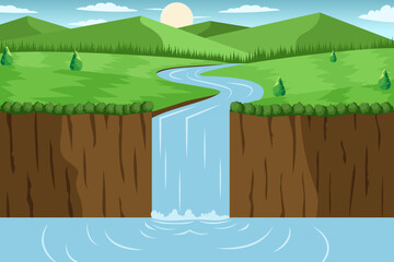 vector illustration of a rural landscape with waterfall and mountains