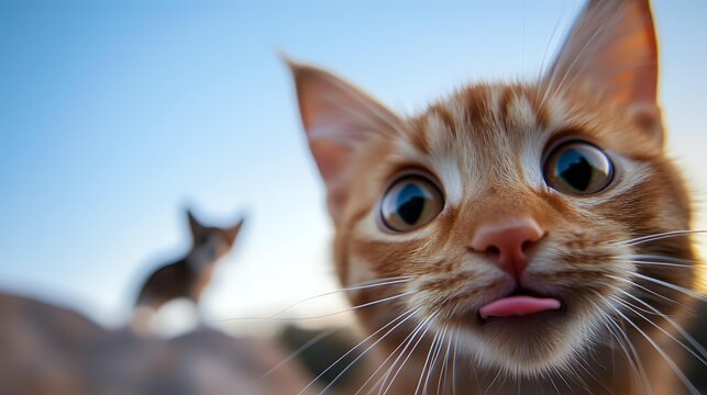 Funny ginger cat with blue eyes sticking out tongue while another cat silhouette visible in background against blue sky, close up portrait of playful pet. - Powered by Adobe