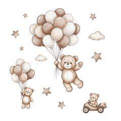 Cute teddy bears with balloons and a car, isolated on transparent background