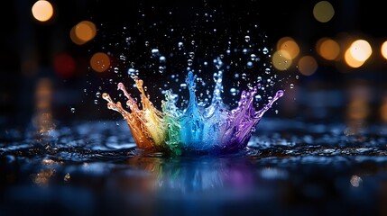 Colorful water crown splash with rainbow colors against dark background with bokeh lights, frozen motion photography capturing liquid dynamics and light play.
