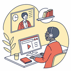 Watching video player webinar on workplace working laptop vector, concept of distance learning, video tutorial business online training, education on computer e-learning study, flat desktop table