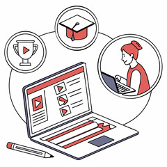 Watching video player webinar on workplace working laptop vector, concept of distance learning, video tutorial business online training, education on computer e-learning study, flat desktop table