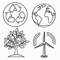 Various simple line icons representing environmental themes, pollution, and climate change concepts in a minimalist style