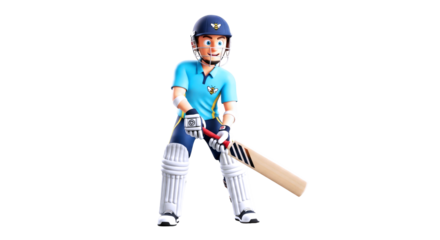 ready to smash 3d cartoon cricket player, dynamic pose, powerful batting stance, isolated on transparent background