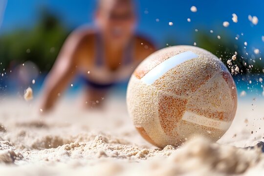 Volleyball on sandy beach with sand particles flying in motion, blurred athletic female player diving in background against blue summer sky.