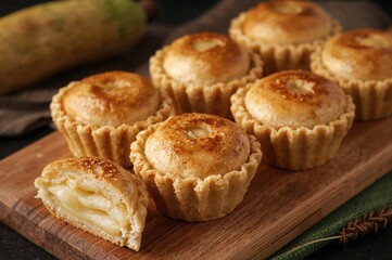 Traditional rye pastries stuffed with mashed potatoes on a rustic wooden surface. Authentic grain-based snacks free from sugar and gluten, classic baked treats.