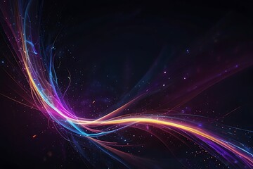A vibrant, abstract digital background filled with glowing neon light trails and flowing energy waves. Bright streaks of purple, pink, and blue twist and swirl across a deep midnight gradient, leaving