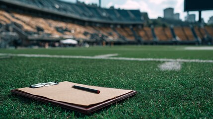 Football Coaching Preparation Concept With Clipboard, Notes, and Stadium Background