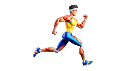 Obraz premium 3d cartoon sprinter muscular anatomy, dynamic run, athletic power, isolated on transparent background