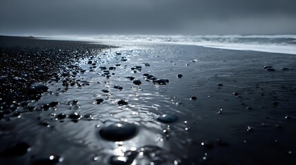 Dramatic black sand beach with scattered volcanic rocks reflecting silver sunlight through stormy clouds, waves rolling onto shore in moody atmospheric scene.