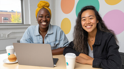 Two friends engage in a productive study session at a modern workspace during a sunny afternoon