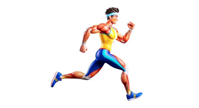 3d cartoon sprinter muscular anatomy, dynamic run, athletic power, isolated on transparent background