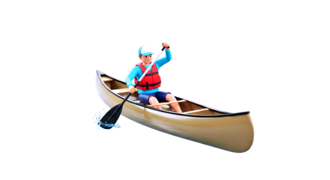 3d cartoon canoer serene paddle, tranquil lake, summer adventure, animated exploration, isolated on transparent background - Powered by Adobe
