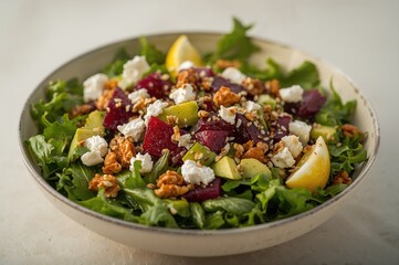 Healthy salad featuring leafy greens, arugula, beets, avocado, feta, walnuts, and sesame seeds