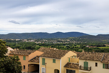 Grimaud with a view over the rooftops to the hinterland and mountains, Cote d'Azur, French Riviera