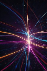 A vibrant, abstract digital background filled with glowing neon light trails and flowing energy waves. Bright streaks of purple, pink, and blue twist and swirl across a deep midnight gradient, leaving