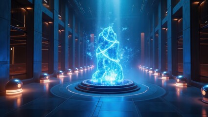 Futuristic AI core chamber radiates an ethereal glow with pulsating neural networks