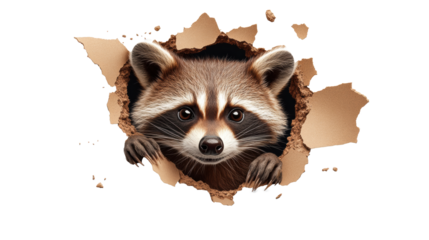 Curious raccoon peeking through a torn paper hole