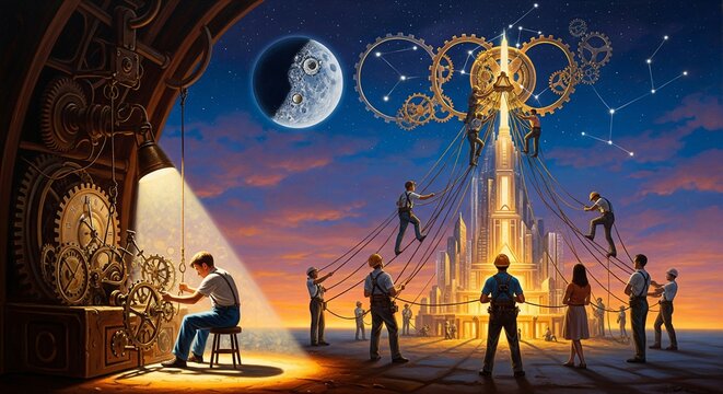 Rappresentazione del lavoro e della forza della squadra in un ambiente esterno  e forza lunare