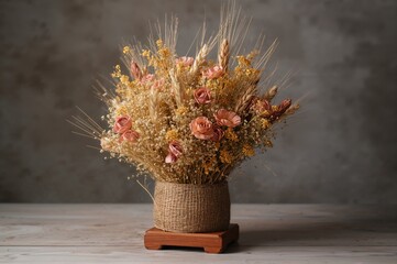 Holiday decoration. Handmade wheat craft. Dried floral arrangement on a wooden stand. A unique flower substitute. A loving present. Valentine&acirc;&euro;&trade;s Day greeting card. National emblem.