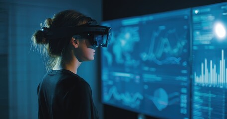 Woman using VR headset for data analysis