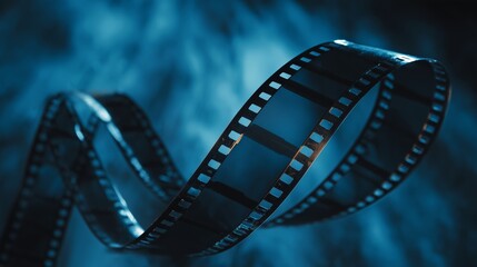 Black and white film reel spirals through fog creating a mysterious atmosphere in a cinematic setting