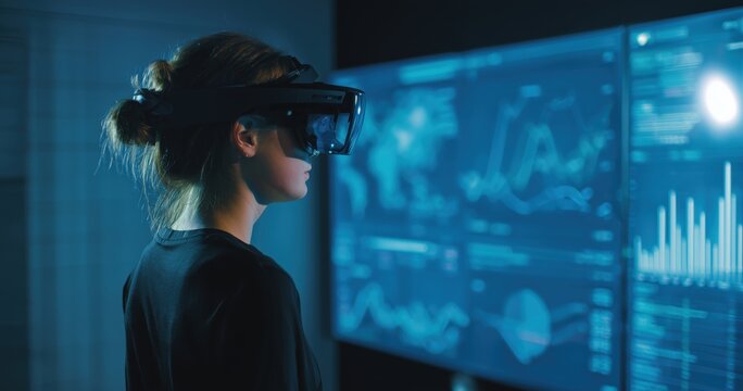 Woman using VR headset for data analysis