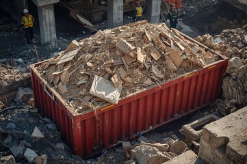 Dumpster filled with scrap drywall and construction debris at a building site
