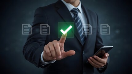 Digital checklist and approval workflow showing business document validation and task tracking system for decision making, process optimization, and quality verification with high efficiency