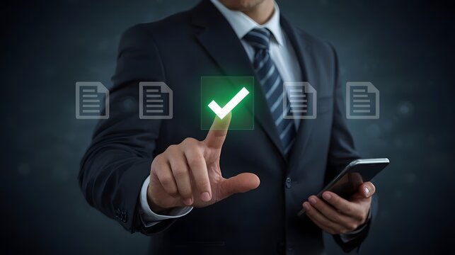Digital checklist and approval workflow showing business document validation and task tracking system for decision making, process optimization, and quality verification with high efficiency