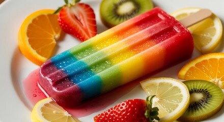 Colorful rainbow popsicle surrounded by fresh fruit slices on a white plate, a sweet summer treat