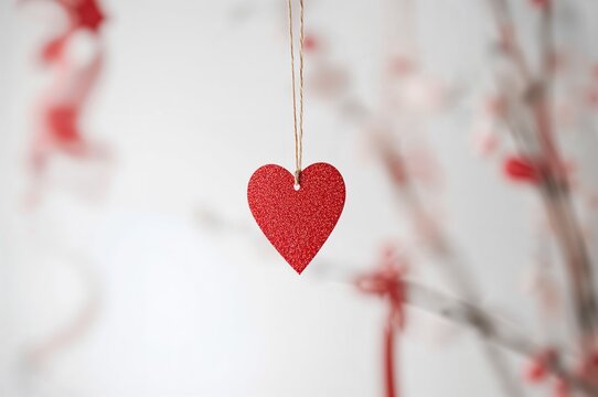 Naklejki Red heart-shaped decoration on a stick, symbolizing love and happiness in wedding art