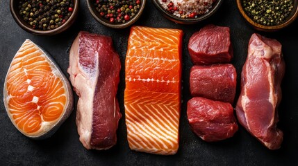 Top-down view of mixed raw proteins including salmon, pork, beef, and chicken steaks arranged side by side.