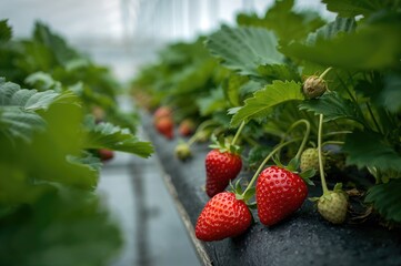 Collecting large, juicy red strawberries freshly grown indoors