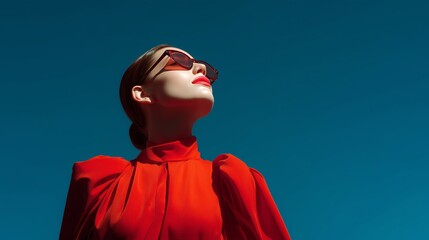 Stylish woman in red outfit and sunglasses enjoying a sunny day against a clear blue sky